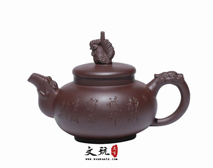 宜兴原矿紫泥正品全手工花货雕塑茶壶刻绘金鸡报晓茶具-5